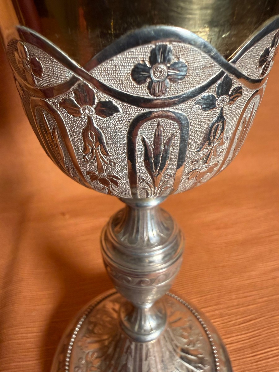 Calice da messa con sua patena in argento fine XVIII° secolo inixi XIX, cesellato e sbalzato -photo-3