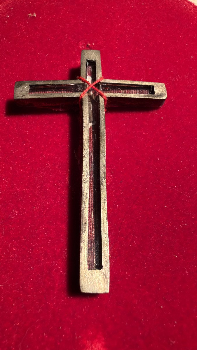 Croce pettorale stauroteca in argento  con all'interno altra teca con frammento della S.CROCE-photo-4