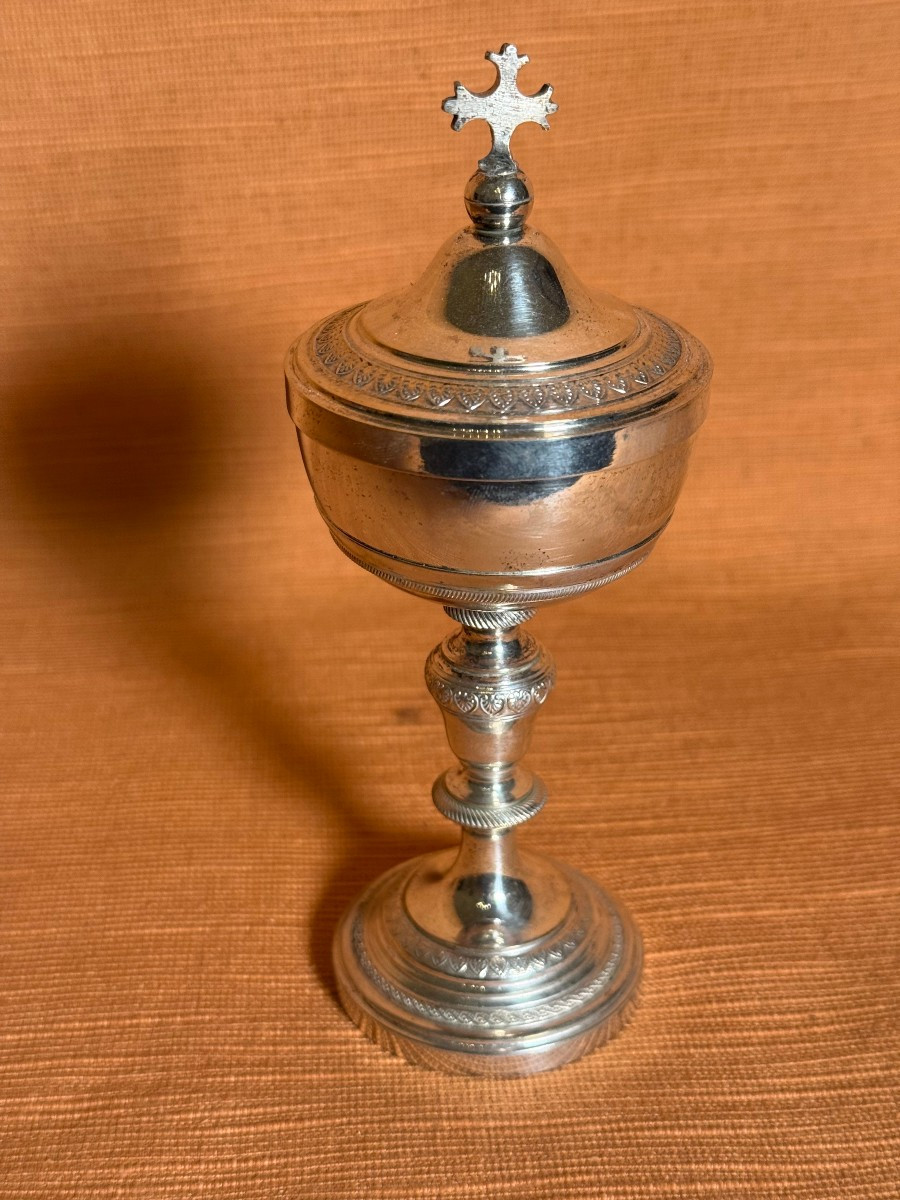 Pisside in metallo argentato oggetto del secolo XIX° Misure h 15,5 base 5,5 coppa 6 prof. 5