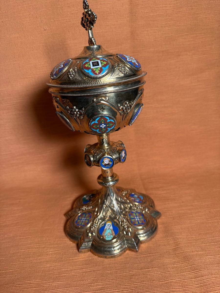 Pisside di stile francese dei primi dell'800 in argento massiccio con cammei a smalti policromi-photo-2