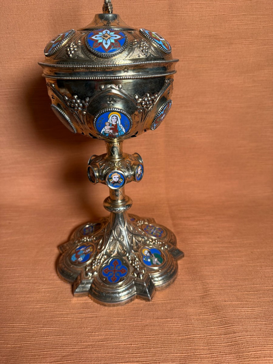 Pisside di stile francese dei primi dell'800 in argento massiccio con cammei a smalti policromi-photo-3