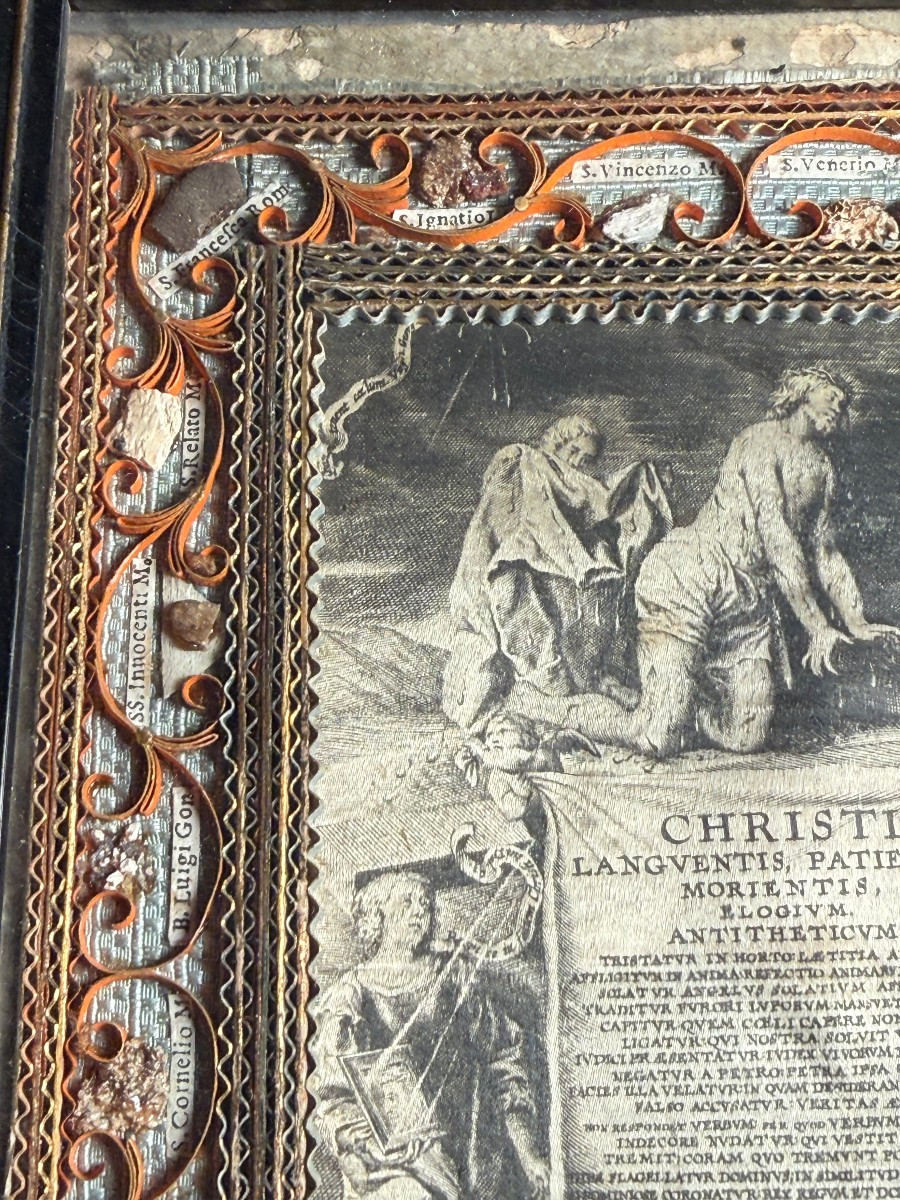 Quadro reliquiario  in cornice lignea ebanizzata con 24 frammenti di reliquie  -photo-3