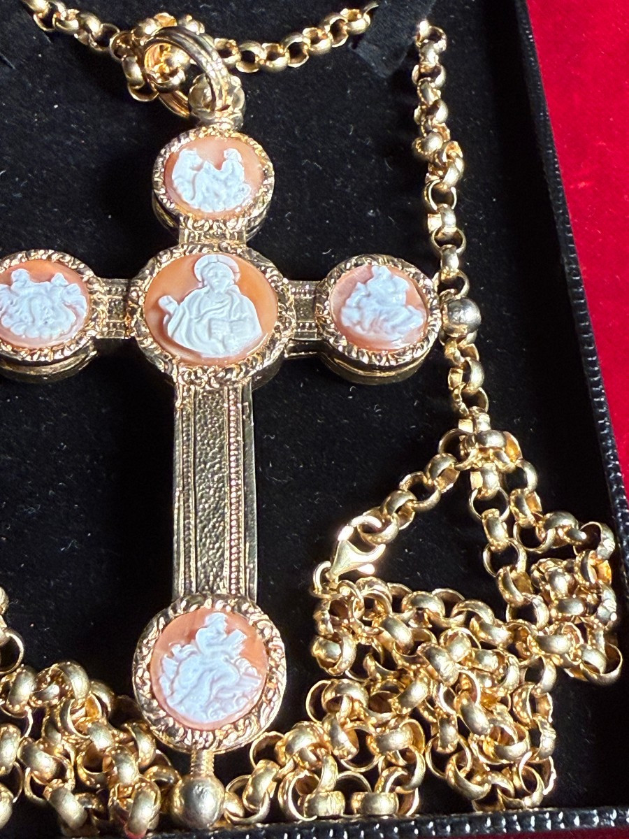 Croce pettorale stauroteca in argento con camei con inserita all'interno la reliquia della S.Cr-photo-2