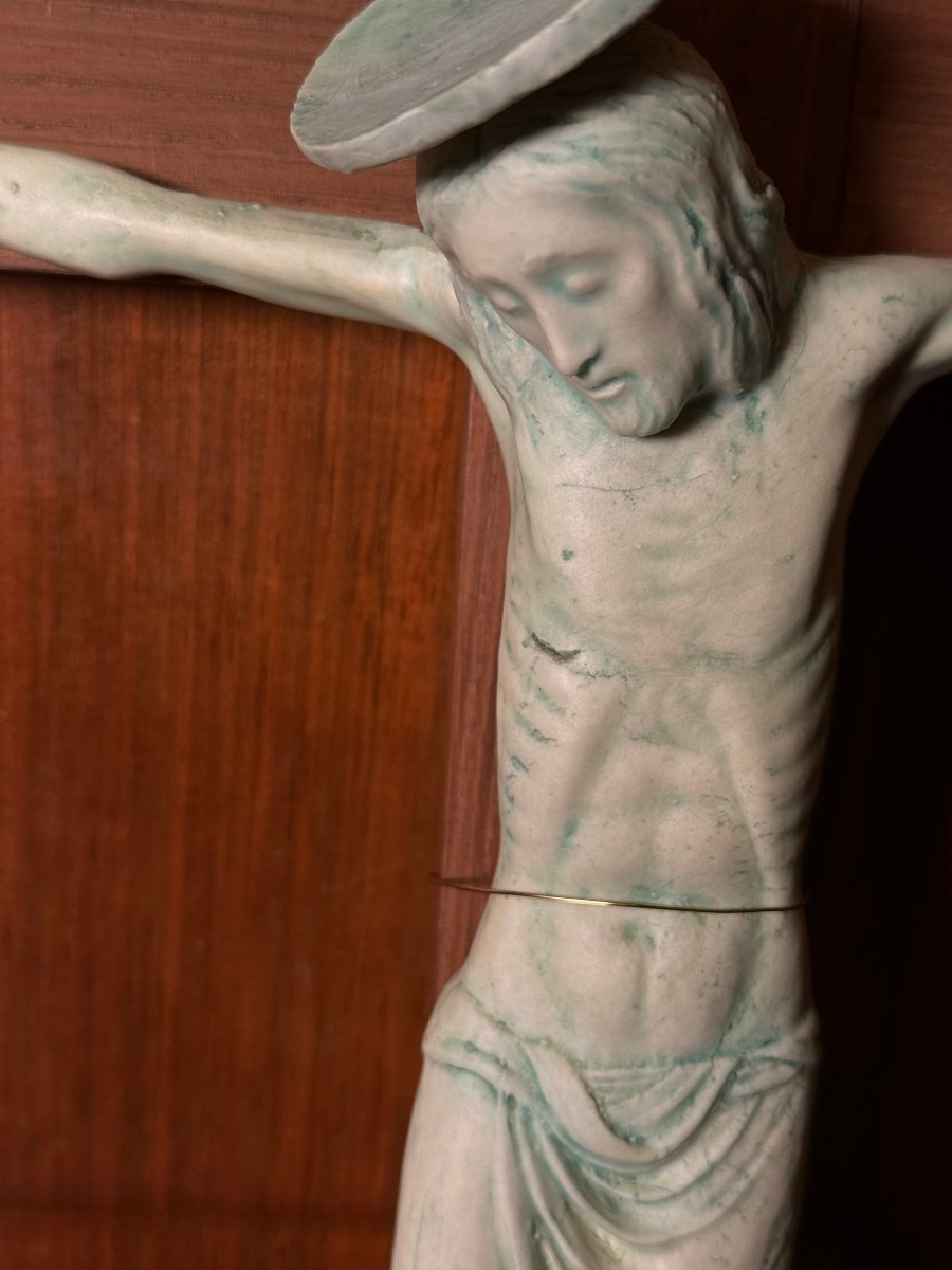 Croce in rovere con crocifisso in biscuit metà anni '60 -photo-2