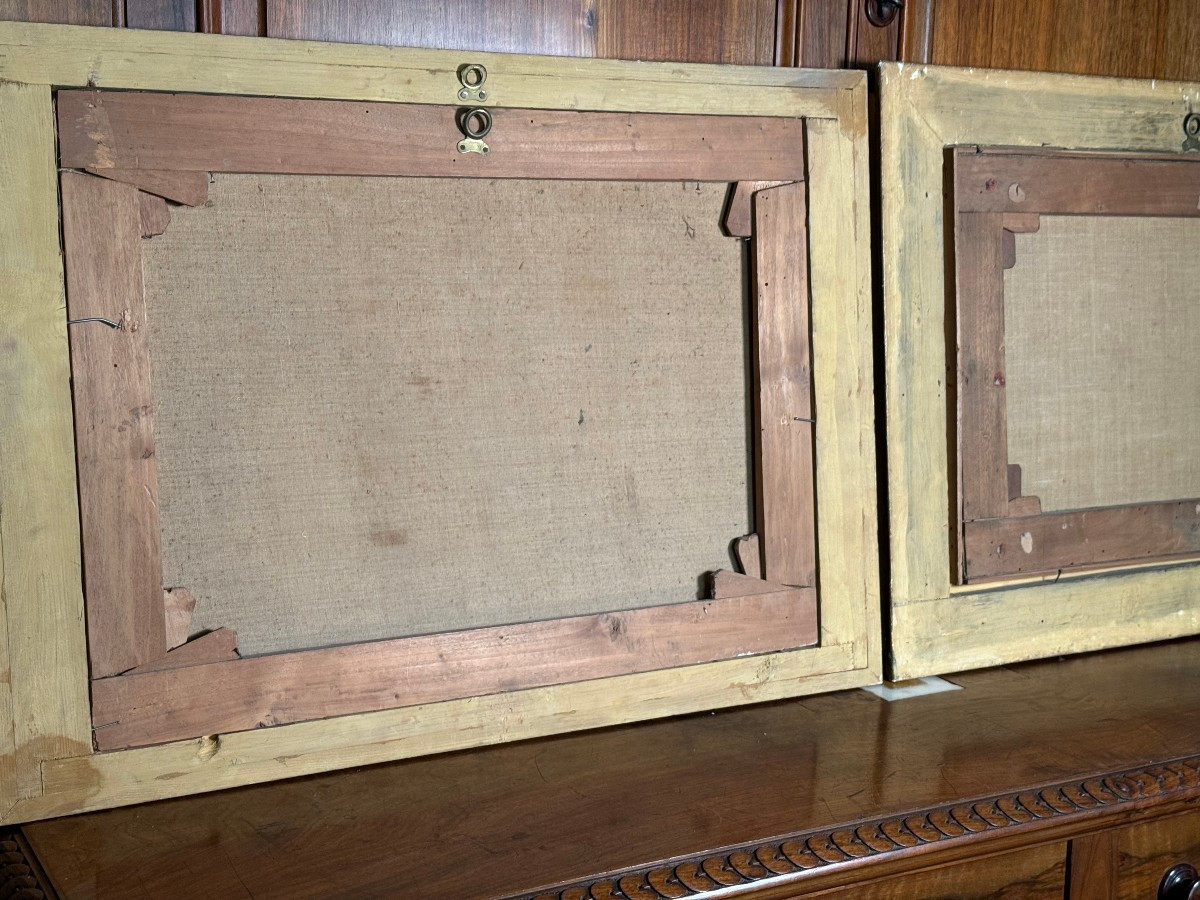 Due dipinti ad olio di vedute della fine del XIX° con loro cornici coeve intagliate e dorate-photo-3