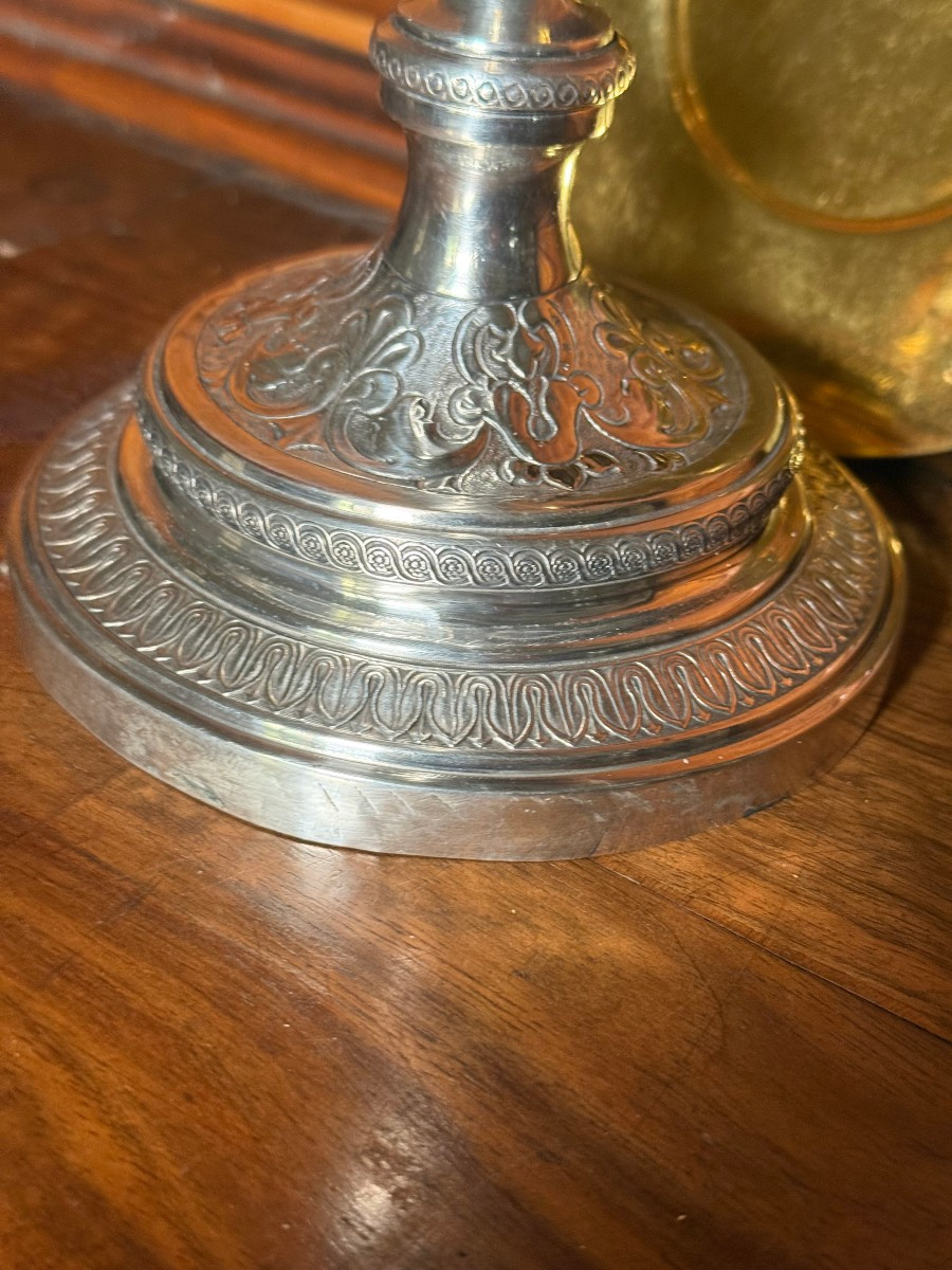 Calice in argento sbalzato e inciso del XIX secolo con patena  -photo-4