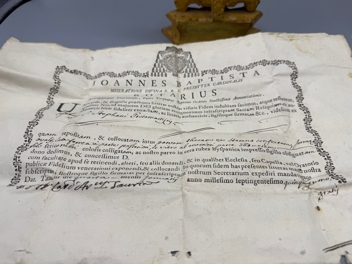 Reliquiario in legno intagliato e dorato con reliquia di S.Stefano protomartire con sua autenti-photo-2