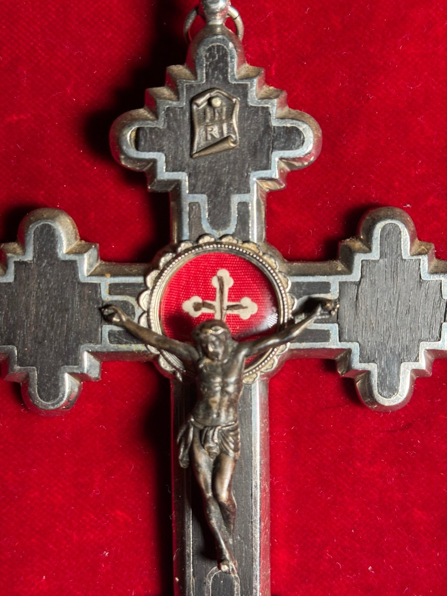 Crece pettorale stauroteca in metallo argentato e legno ebanizzato con sua reliquia della S.Cro-photo-2