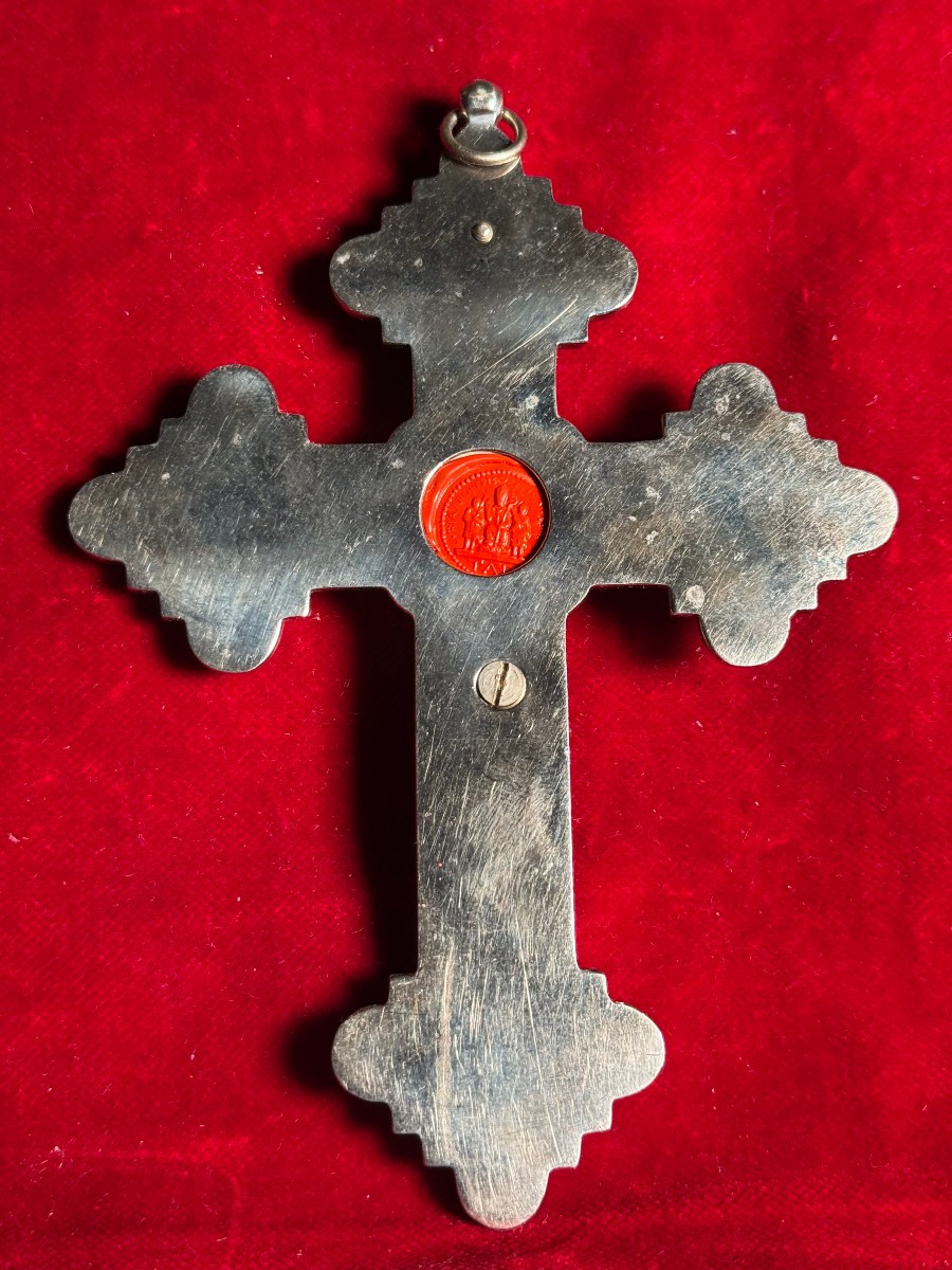 Crece pettorale stauroteca in metallo argentato e legno ebanizzato con sua reliquia della S.Cro-photo-3