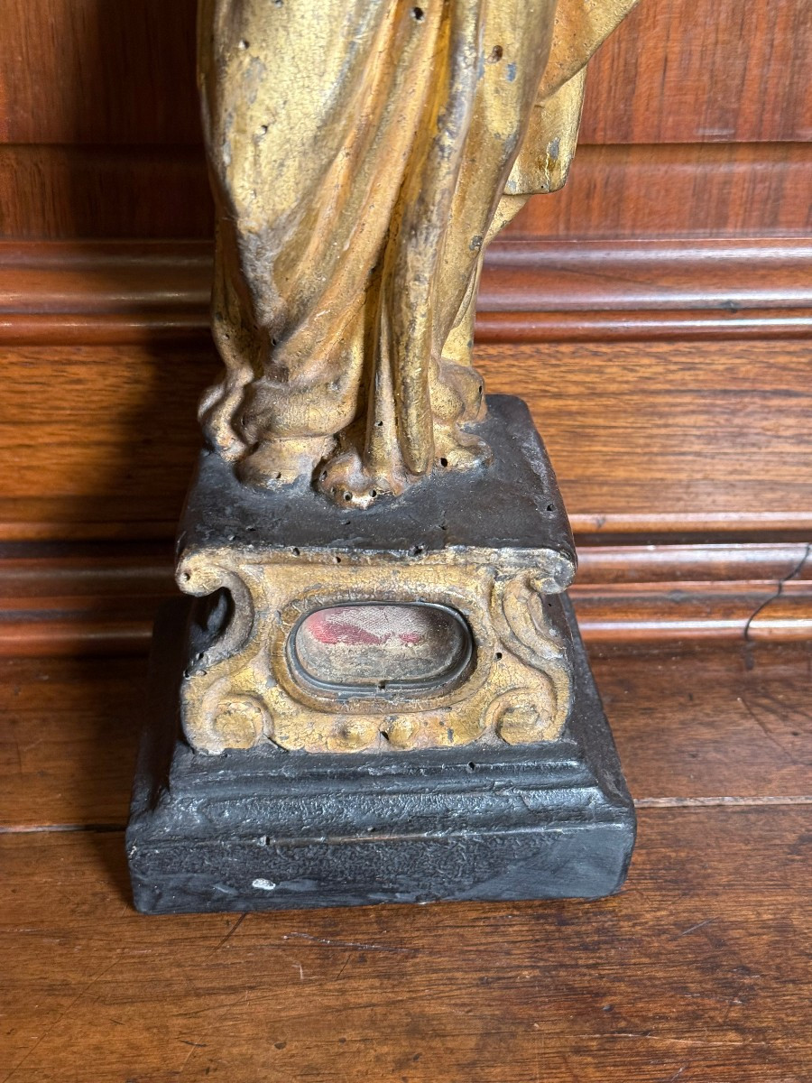 Statuetta lignea dorata del '700 rappresentante Maria col Bambino con reliquia -photo-3