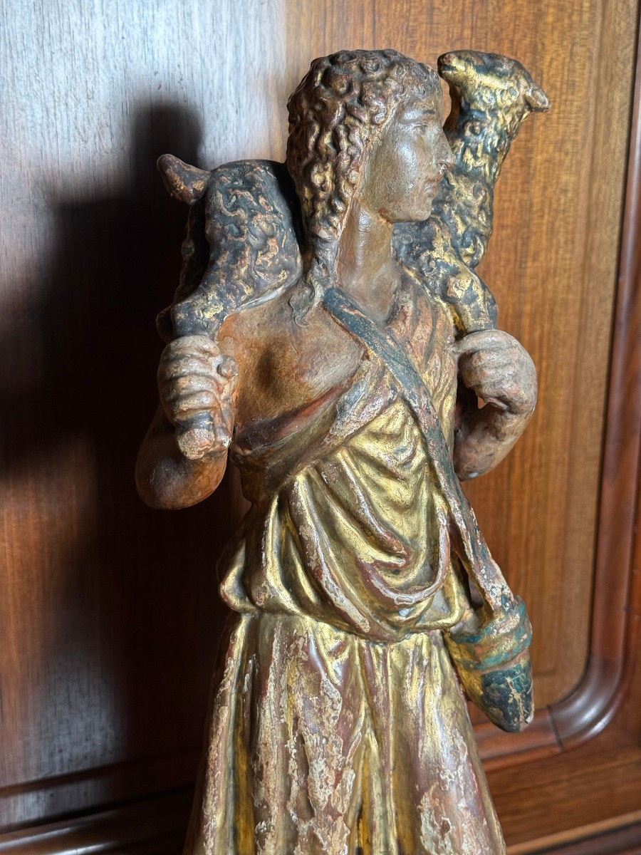Statuetta in terracotta policroma e doratura ad oro zecchino rappresentante il "Buon Pastore" -photo-2