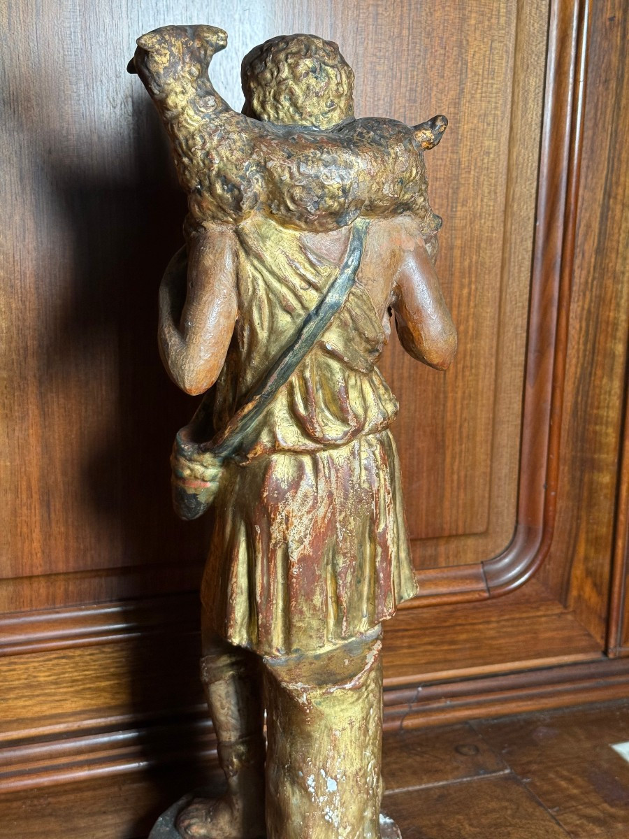 Statuetta in terracotta policroma e doratura ad oro zecchino rappresentante il "Buon Pastore" -photo-2