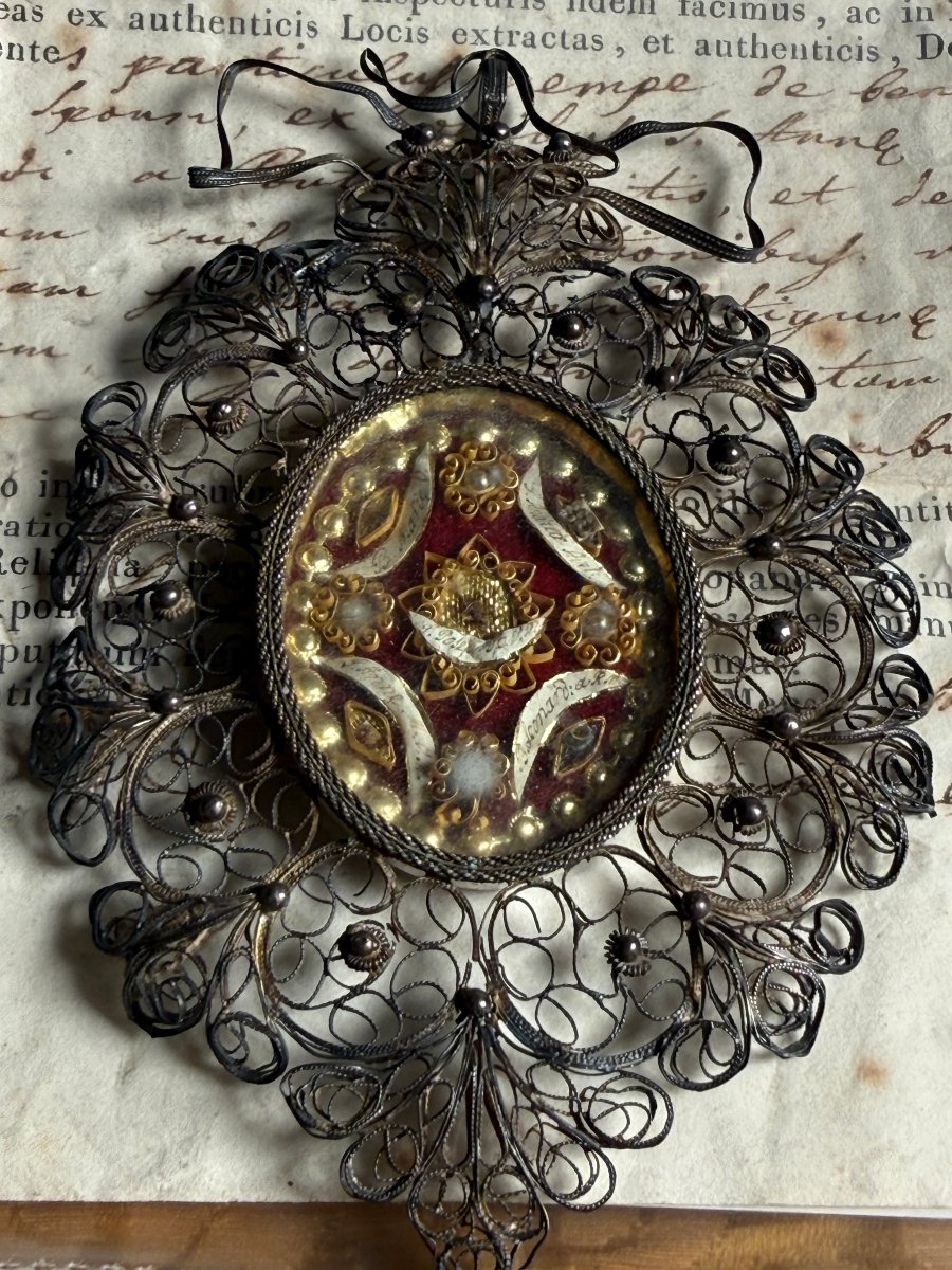 Reliquiario in filigrana d'argento con autentica di S.Anna Giuseppe Leonardo e Andrea Avellino -photo-2