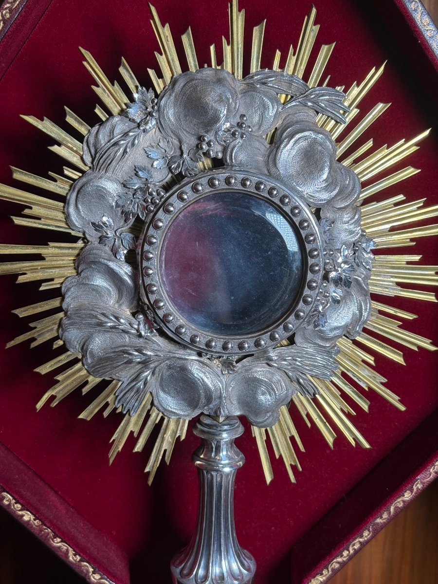 Ostensorio del XVIII°secolo periodo Luigi XV°in argento massiccio in sua custodia  -photo-3