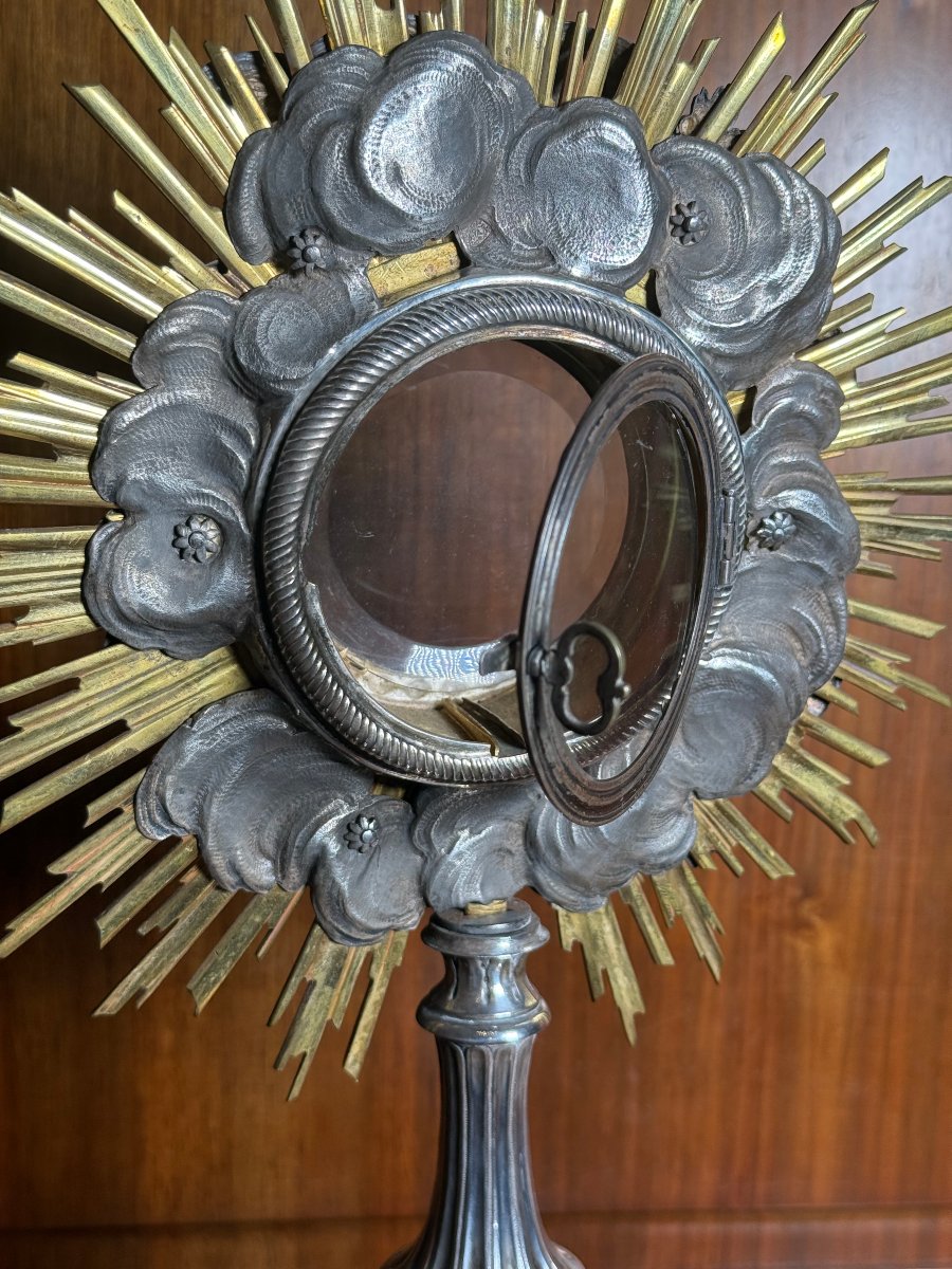 Ostensorio del XVIII°secolo periodo Luigi XV°in argento massiccio in sua custodia  -photo-4