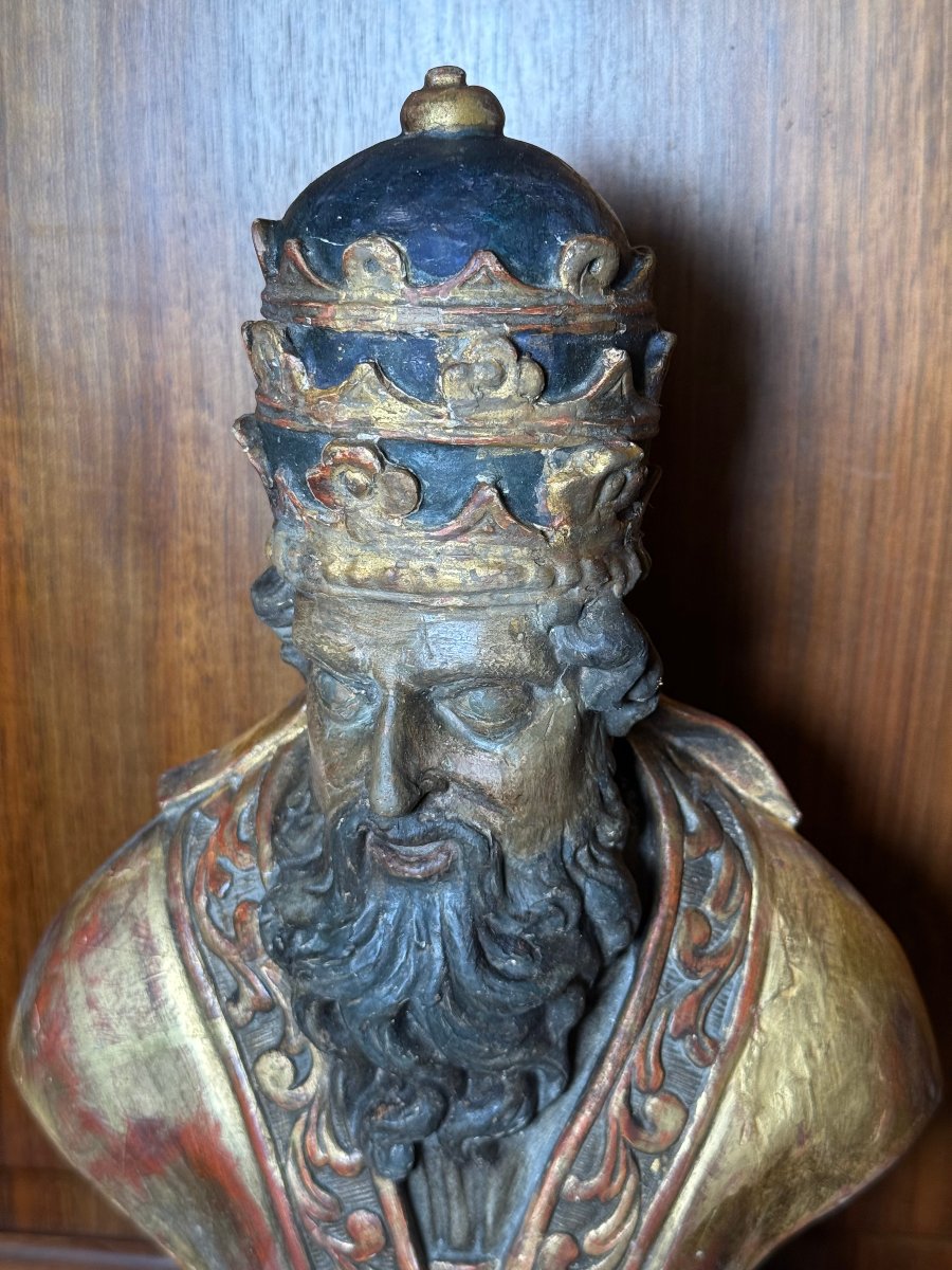 Busto reliquiario scolpito e dipinto del Papa Leone Magno sec.XVIII° -photo-3