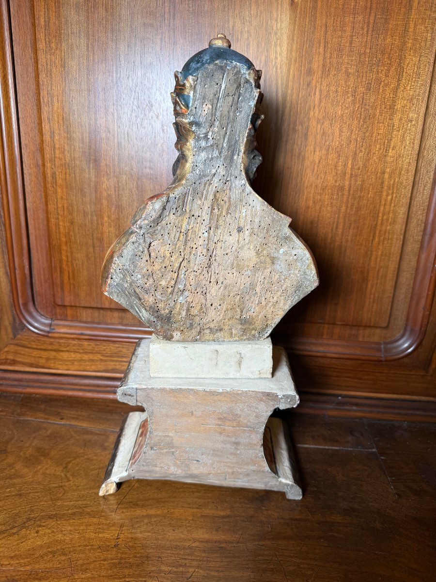 Busto reliquiario scolpito e dipinto del Papa Leone Magno sec.XVIII° -photo-2