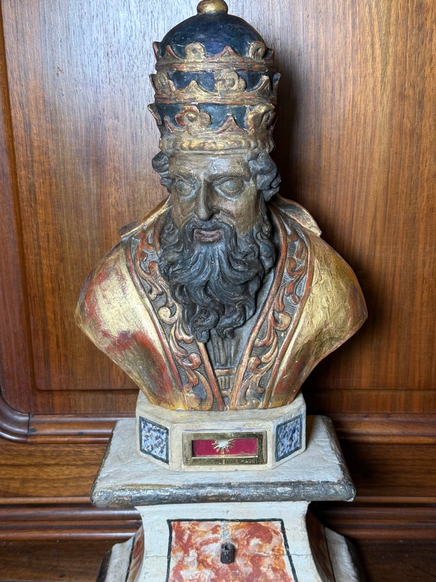 Busto reliquiario scolpito e dipinto del Papa Leone Magno sec.XVIII° 
