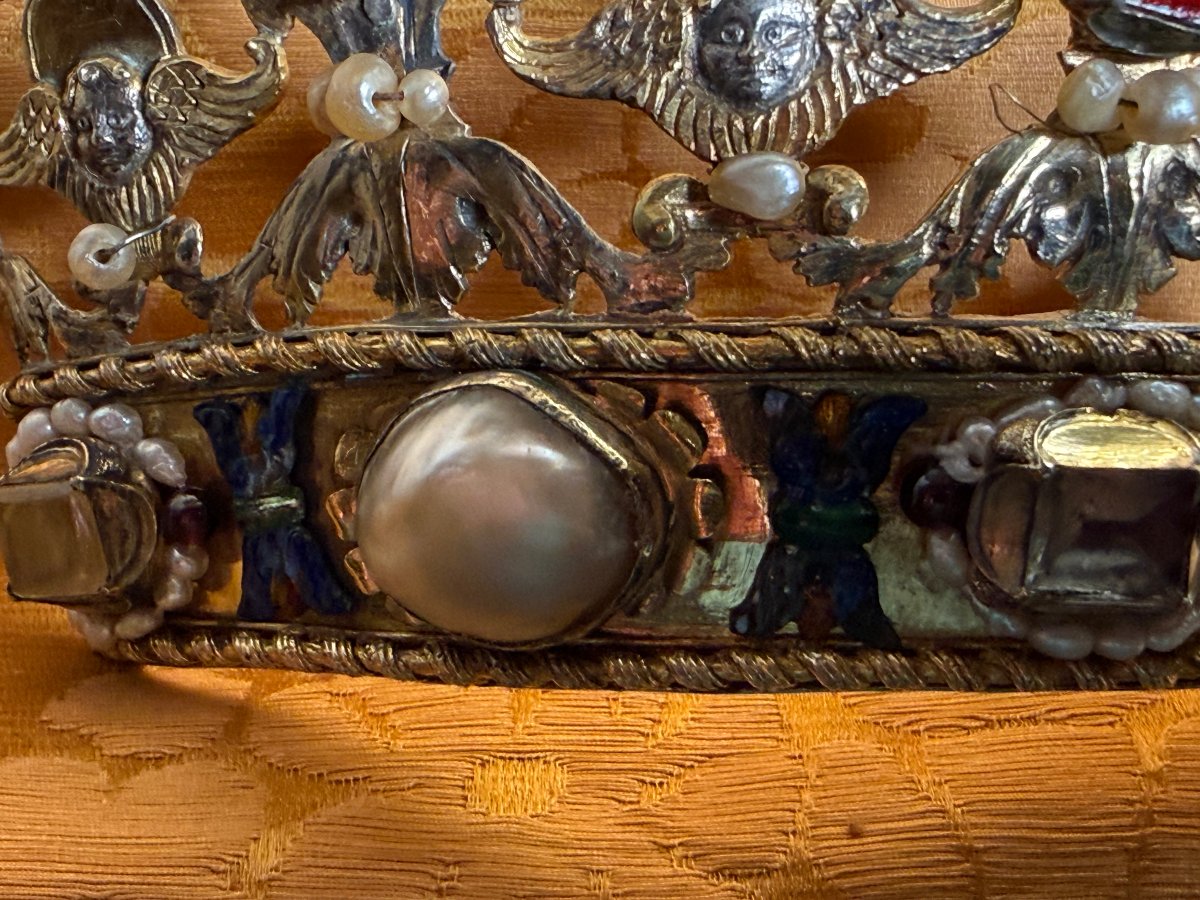 Diadema in argento del XVIII° con perle scaramazze vetri colorati tagliati a gioiello e smalti -photo-4