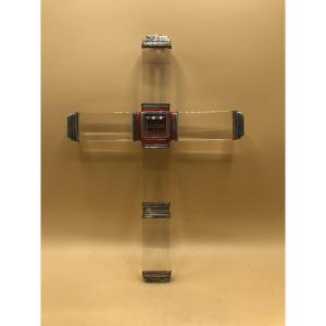 RELIQUIARIO STAUROTECA IN CRISTALLO DI ROCCA E FINITURE IN ARGENTO MASSICCIO 