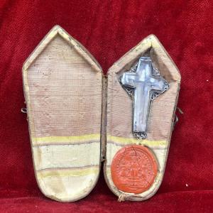RELIQUIARIO DELLA S.CROCE IN FILIGRANA D'  ARGENTO ENTRO CUSTODIA DI CUOIO 