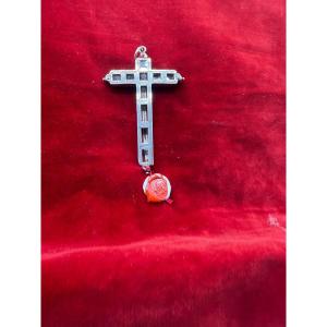Croce stauroteca in argento massiccio con reliquia della S.Croce oggetto del XVII°sec.  