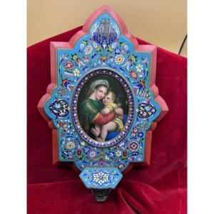 Acquasantiera da parete cloisonnè con miniatura dipinta su porcellana