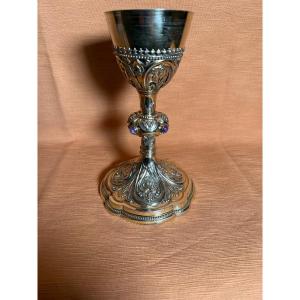 Calice da messa in argento fine XIX° secolo inixi XX°, cesellato e sbalzato in stile gotico 