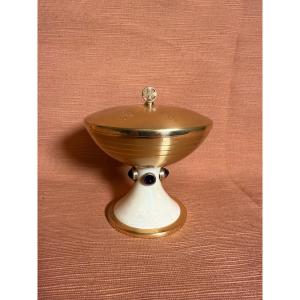 Pisside di stile "Montiniano" in argento ed avorio con inseriti nel nodo della stessa 4 ametist