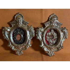 Due teche reliquiario in metallo argentato contenenti le reliquie di Severino Boezio e Gregorio