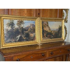 Due dipinti ad olio di vedute della fine del XIX° con loro cornici coeve intagliate e dorate