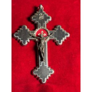 Crece pettorale stauroteca in metallo argentato e legno ebanizzato con sua reliquia della S.Cro