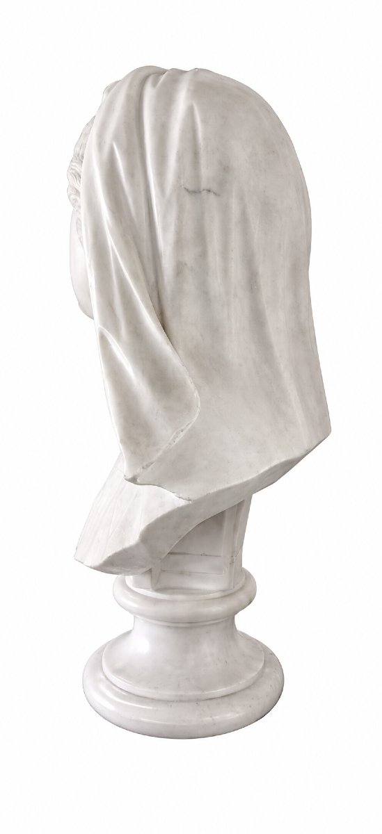 Busto di Donna Velata in Marmo Bianco di Carrara – XIX Secolo-photo-1