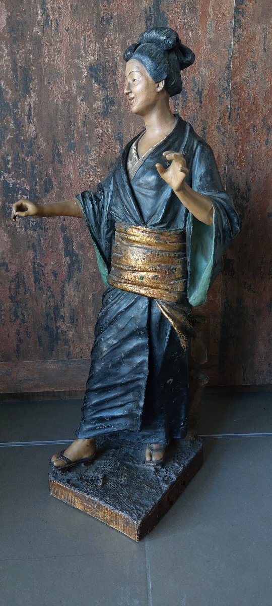 Scultura in terracotta policroma raffigurante una Geisha – Goldscheider Wien-photo-4