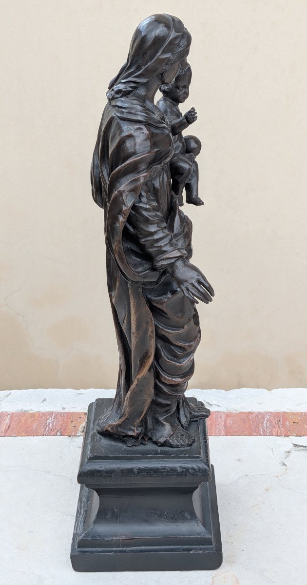 Scultura in Bronzo Patinato "Madonna col Bambino" – Epoca XIX Secolo-photo-4