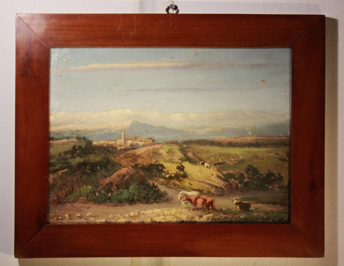 Paesaggio alpino olio su cartone XIXsec ( sul retro acquarello villa con giardino all'italiana)