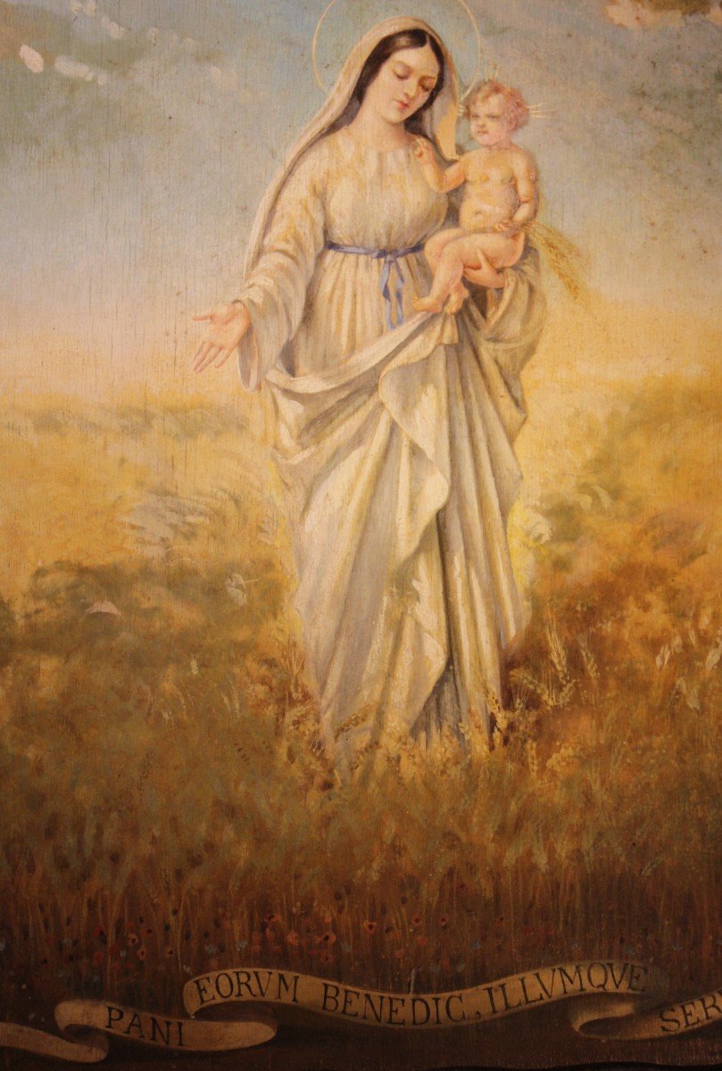 Madonna con Bambino protettrice del grano e dei pani iscrizione latina | Dipinto olio su tavola-photo-2