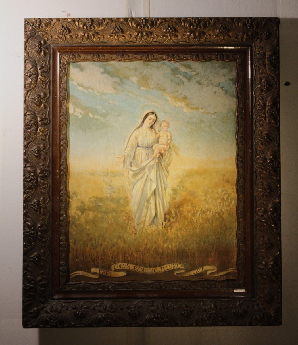 Madonna con Bambino protettrice del grano e dei pani iscrizione latina | Dipinto olio su tavola