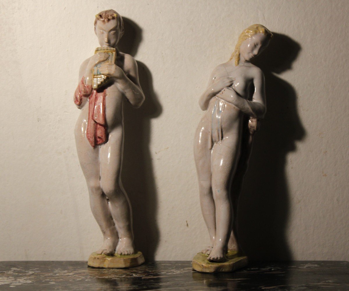 Manifattura MInghetti Bologna| Coppia di figure mitologiche in ceramica policroma.-photo-1