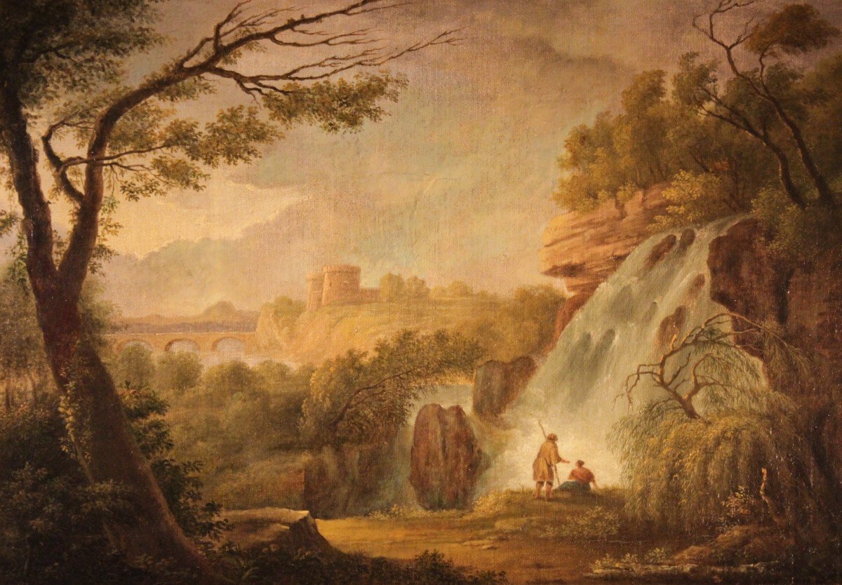 Anonimo del XIX sec. | Paesaggio con cascate - dipinto olio su tela. -photo-4