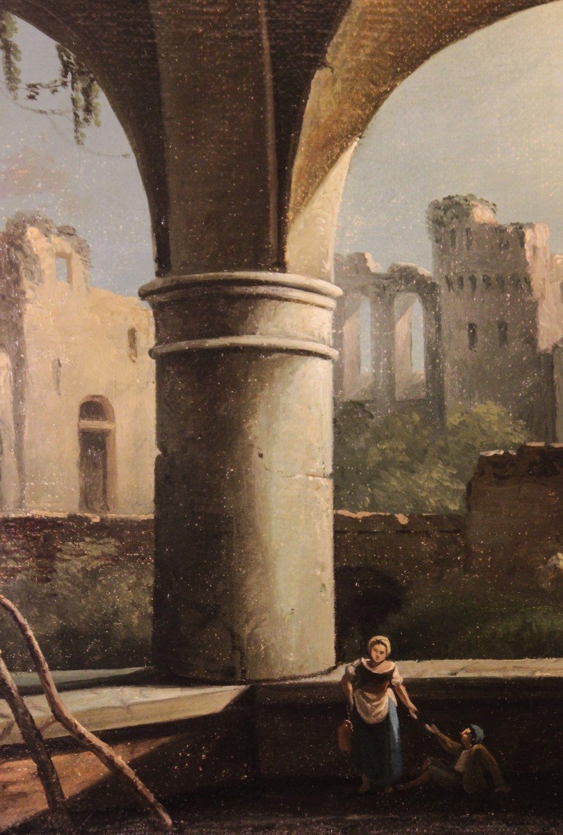 Anonimo del XIX sec. | Paesaggio con arcate e rovine - dipinto a olio-photo-3