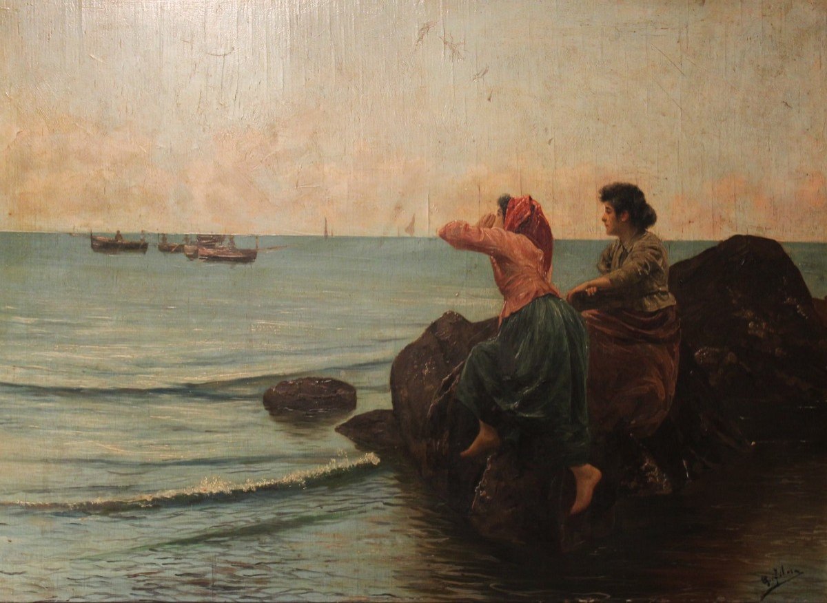 Giovan Battista Filosa | Ragazze sugli scogli dipinto olio su tavoletta.-photo-2