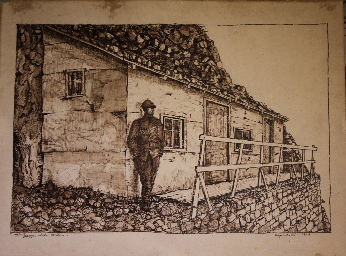 Disegni china su carta 1918 Rifugio militare e osteria Monte Grappa - Grande Guerra-photo-2