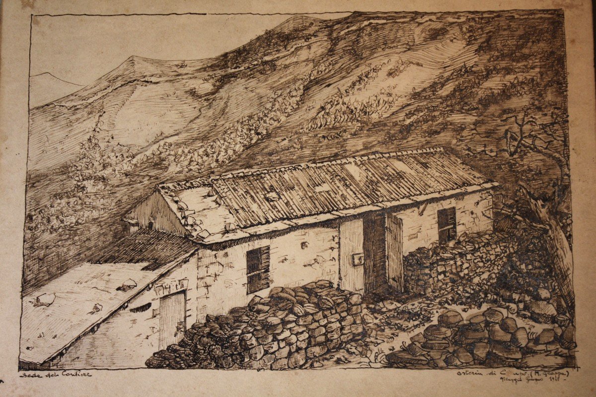 Disegni china su carta 1918 Rifugio militare e osteria Monte Grappa - Grande Guerra-photo-3