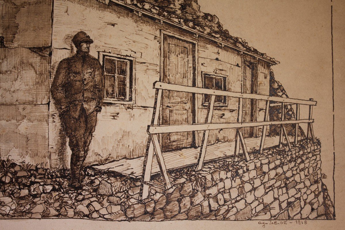 Disegni china su carta 1918 Rifugio militare e osteria Monte Grappa - Grande Guerra-photo-5