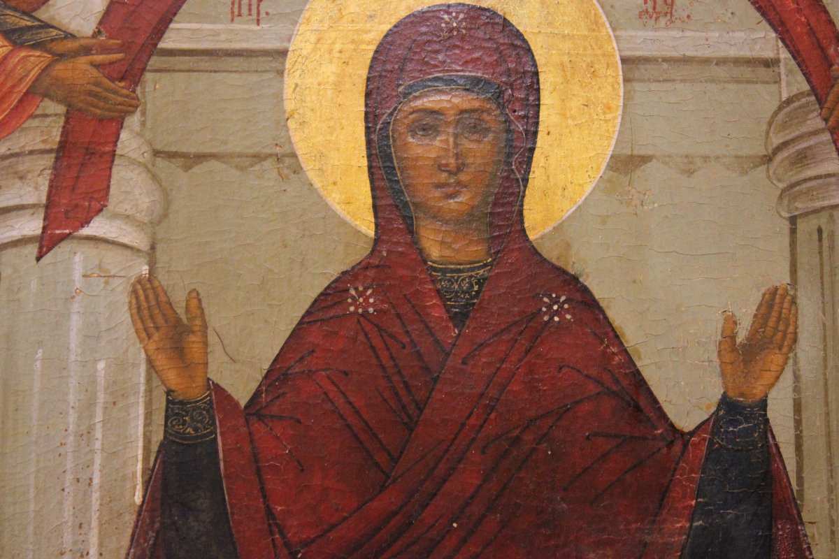 Icona russa raffigurante la Protezione della Madre di Dio o Pokrov, XIX secolo 92x70 cm-photo-2