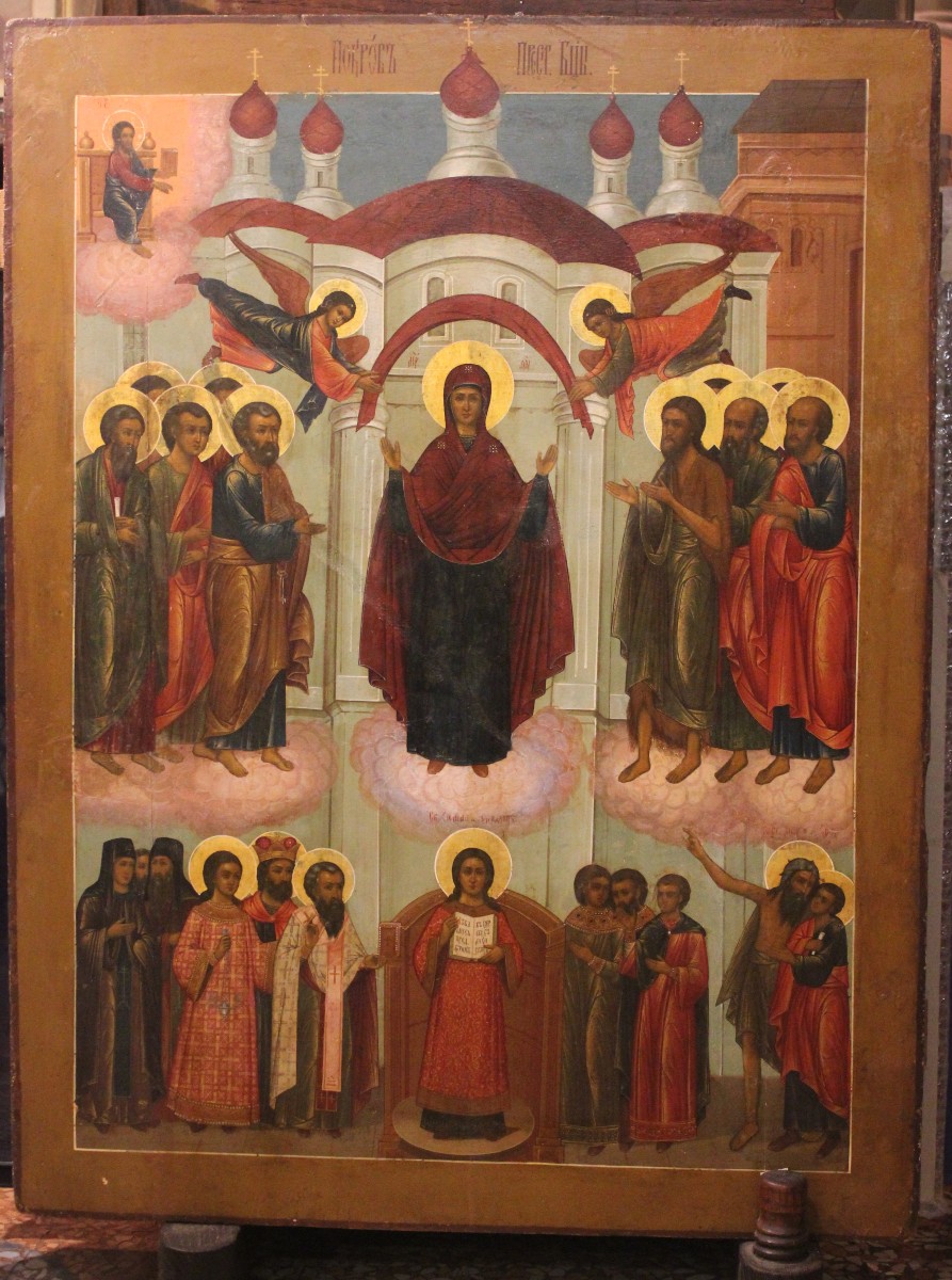 Icona russa raffigurante la Protezione della Madre di Dio o Pokrov, XIX secolo 92x70 cm