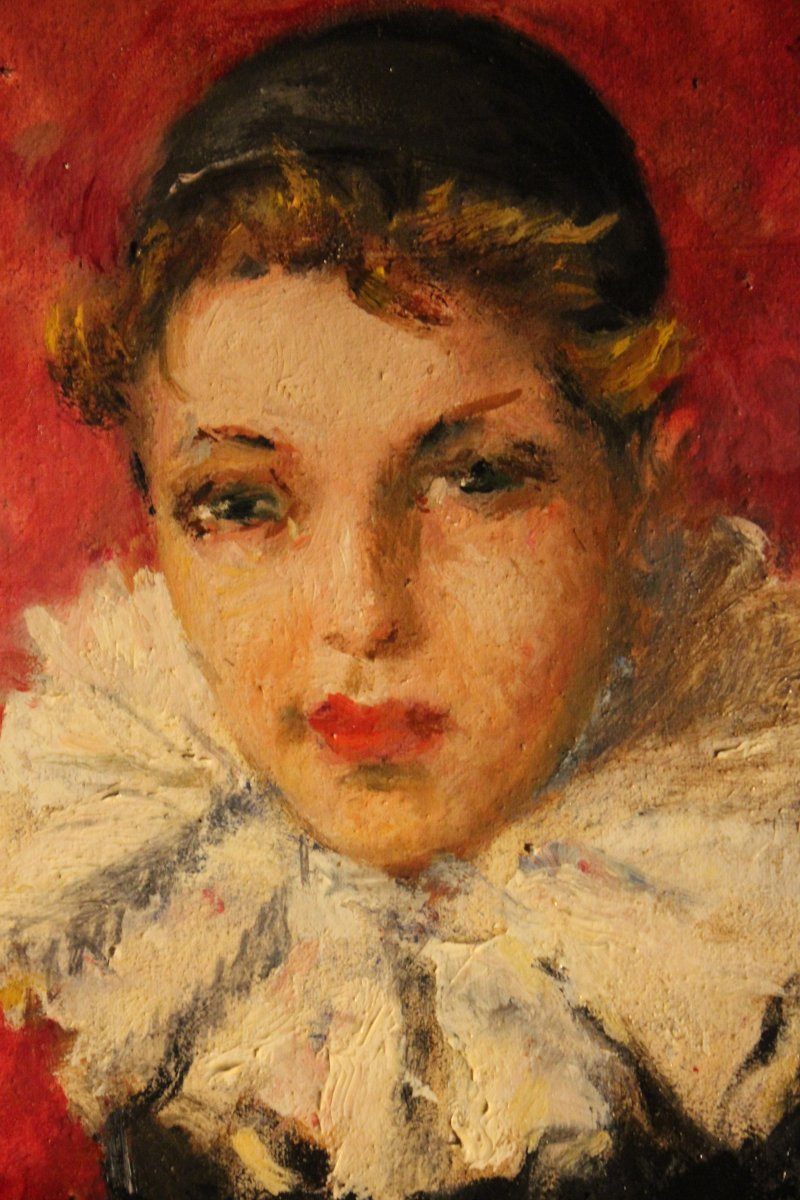 Ragazzina in costume da Pierrotte | Vittorio Gussoni, olio su tela-photo-3