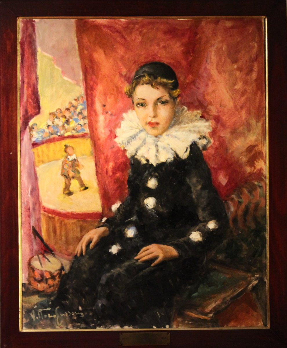 Ragazzina in costume da Pierrotte | Vittorio Gussoni, olio su tela-photo-1