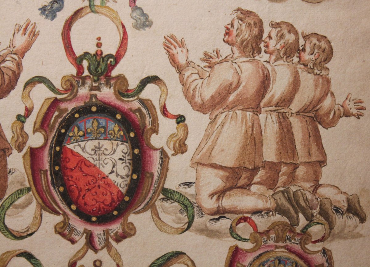 Visione celeste con Madonna col Bambino, San Onofrio, Maddalena e devoti. Tempera su carta-photo-2